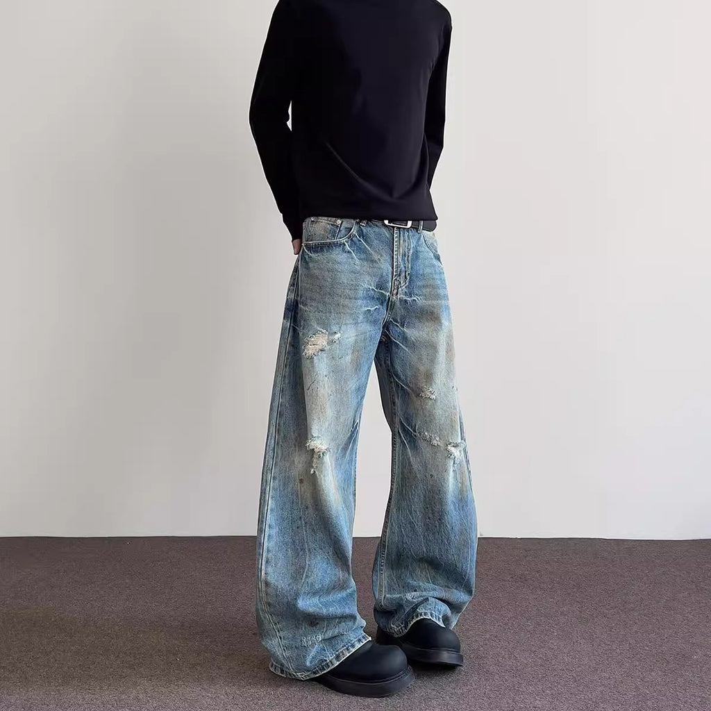 Distressed Ripped Knife-Edge - Denim Pants - Slightly Flared Trousers