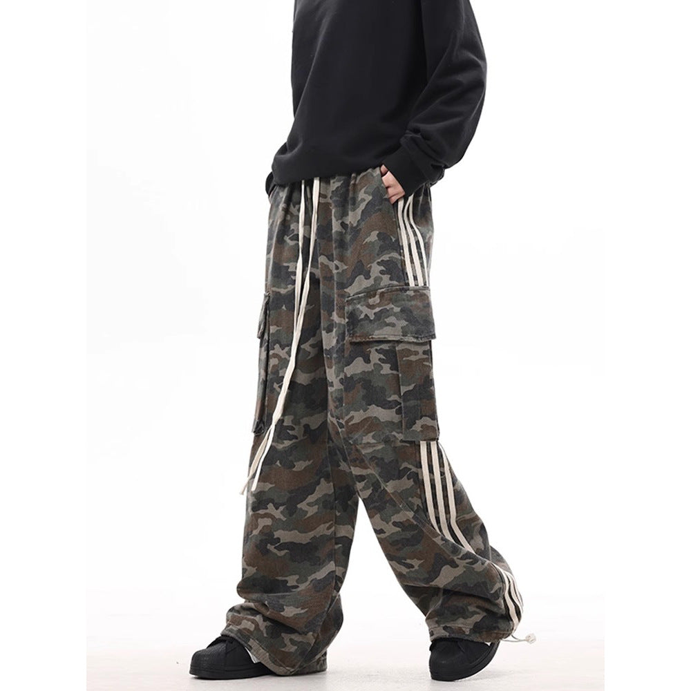Leg Stripe - Camouflage Cargo Casual Pants - Large Pockets - Loose Wide Leg
