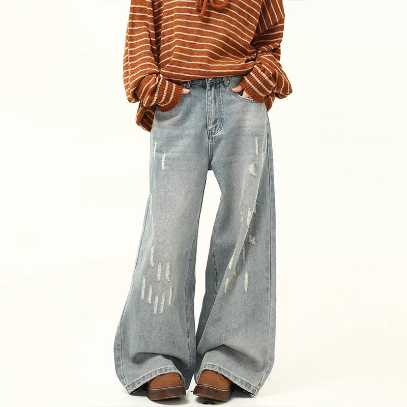 Distressed Ripped Design  - Denim Pants - Loose Wide Leg  - Floor-Length Dad Pants