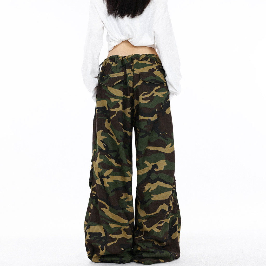 Pleated Drawstring  - Camouflage Cargo Casual Pants  - Loose Wide Leg