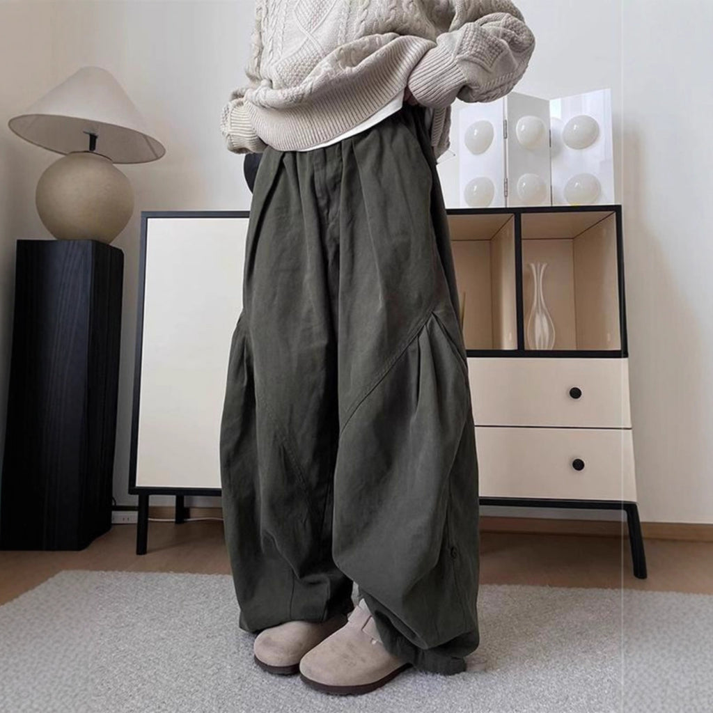 Cotton Loose - Pleated Drape Wide Leg - Elastic Waist - Cargo Long Pants