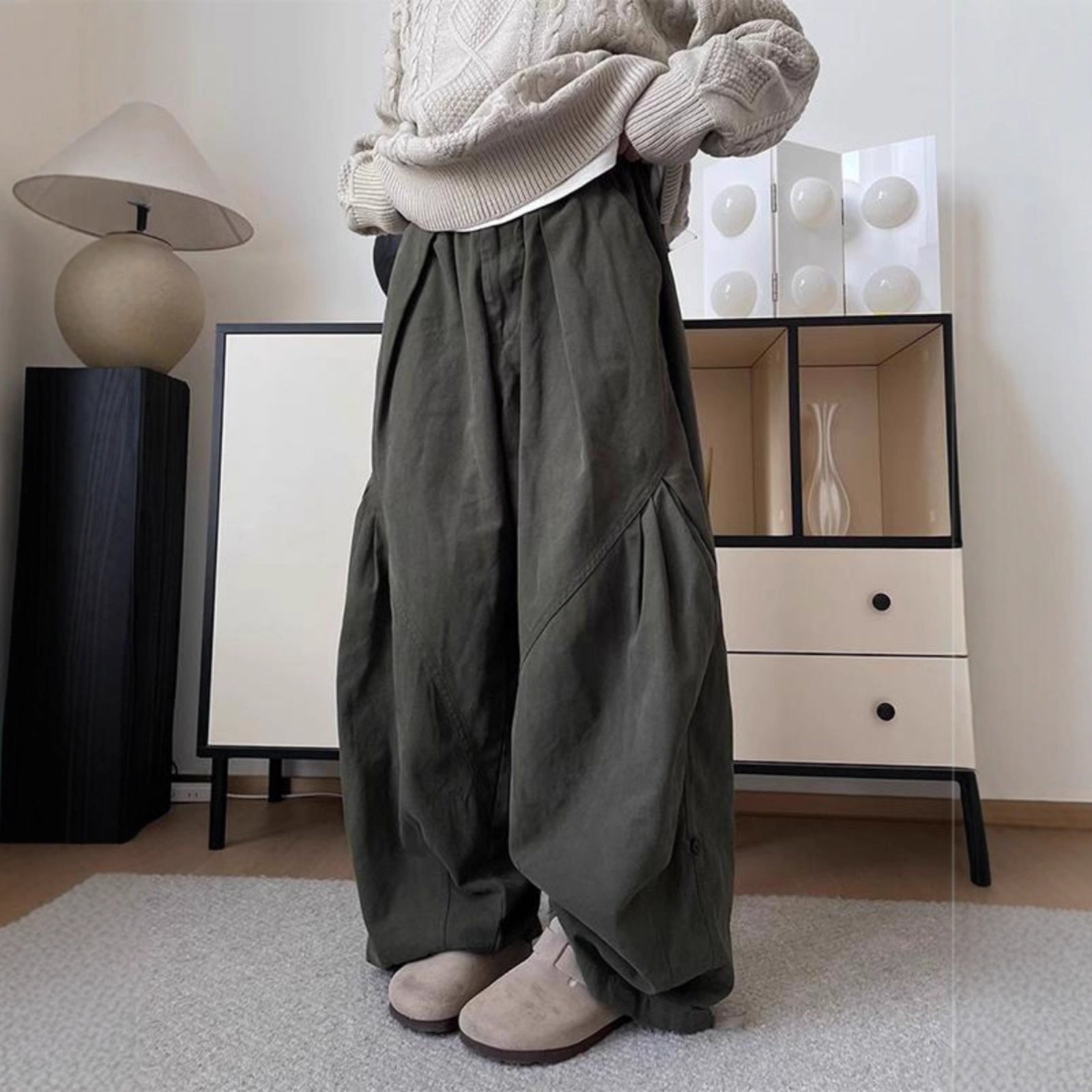 Cotton Loose - Pleated Drape Wide Leg - Elastic Waist - Cargo Long Pants