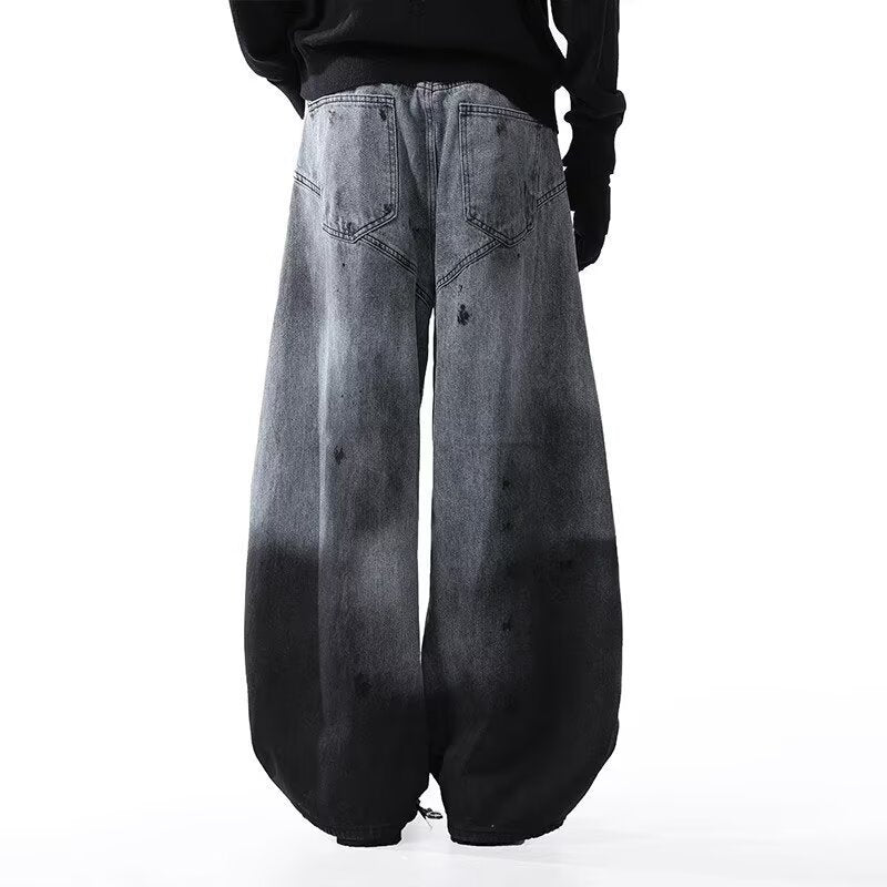 Washed Splatter Gradient -  Knife-Edge Denim Pants - Loose  Wide-Leg -  Floor-Length Jeans