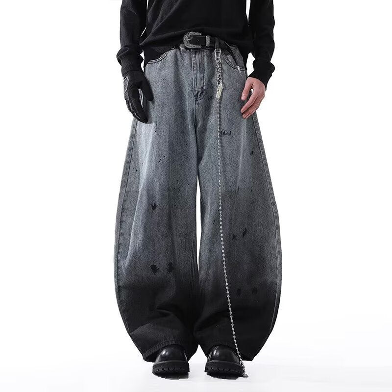 Washed Splatter Gradient -  Knife-Edge Denim Pants - Loose  Wide-Leg -  Floor-Length Jeans