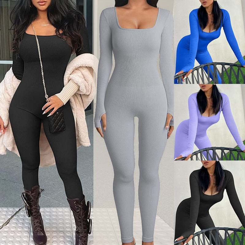 Women's Jumpsuit Autumn and Winter New Arrival Threaded Square Neck Hip Lift Slim Sexy Jumpsuit