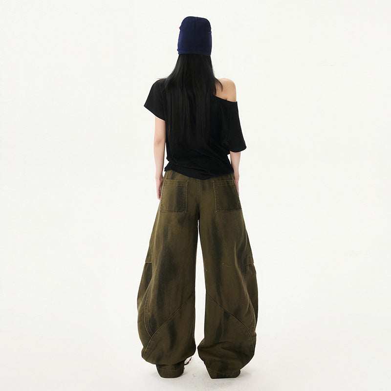 Graffiti Wash Spliced Denim Pants – Wide-Leg Loose Fit