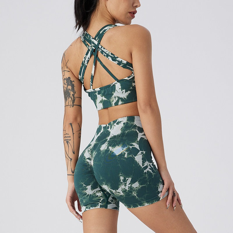 Summer Tie Dye Yoga Suit Set Honey Peach Hip Lifting Fitness Pants Women's Running Sports Tight Shorts