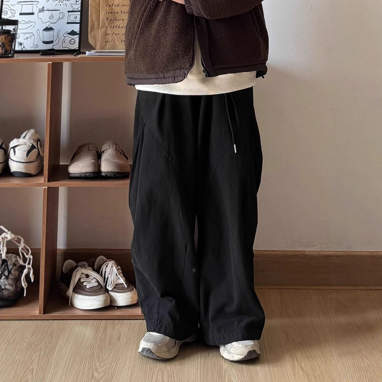 Cotton Loose - Pleated Drape Wide Leg - Elastic Waist - Cargo Long Pants