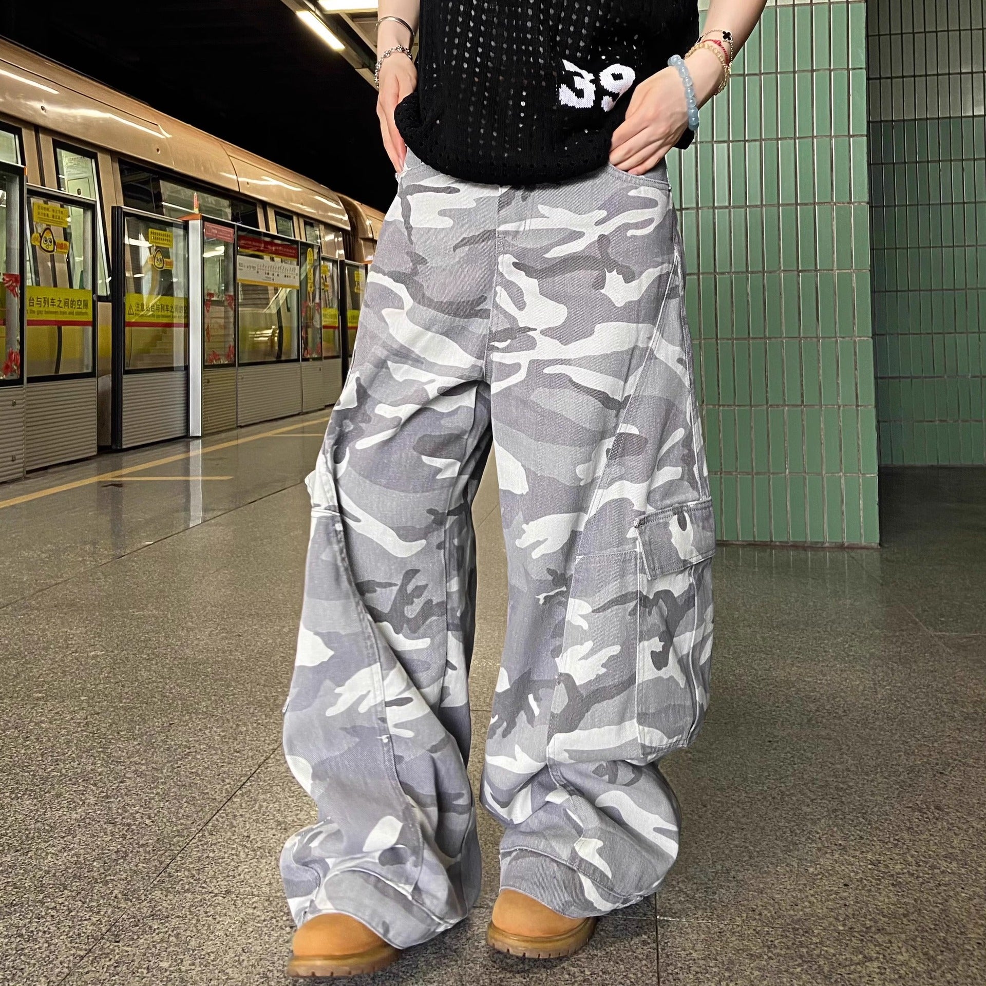 Camouflage Washed  - Wide-Leg Knife-Edge - Cargo Jeans - Loose  Leg Long Pants