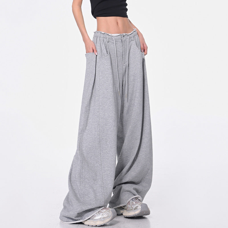 Drawstring  - Loose Wide Leg  - Sweatpants -  High Waist -  Floor-Length Trousers