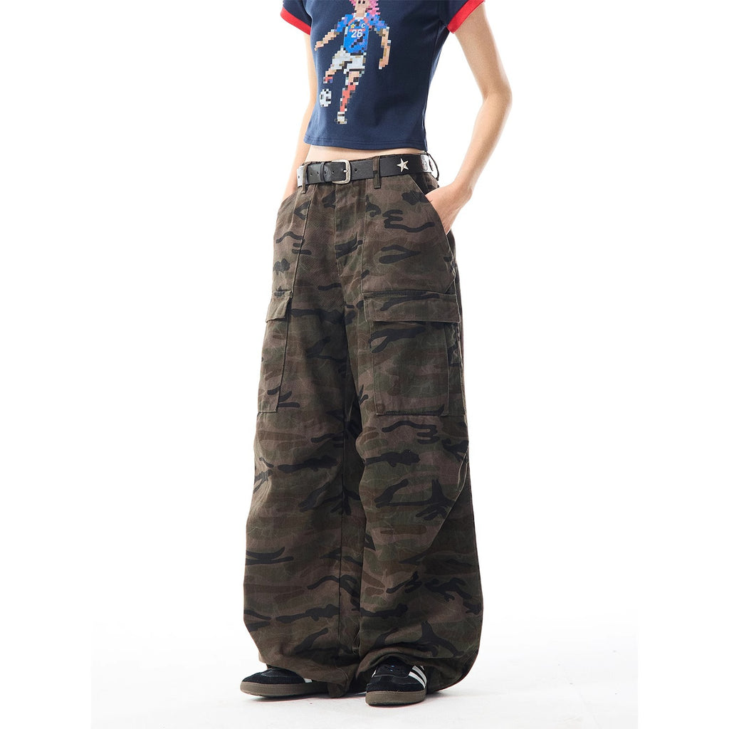 Vintage Camouflage  - Cargo Denim Pants  - Loose Multi-Pocket  - Versatile Wide Leg