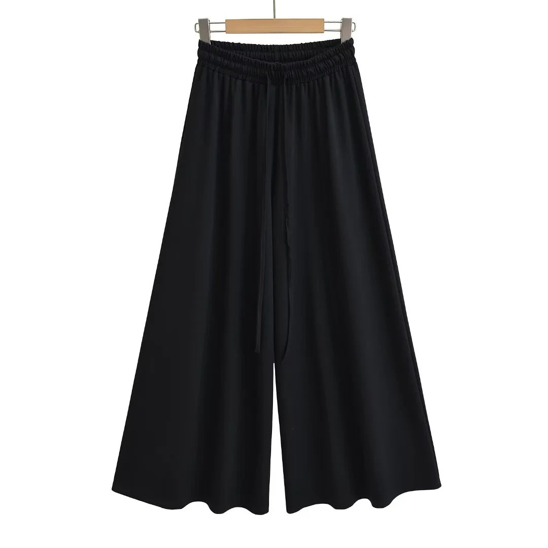 High-Waist Elastic Drawstring Wide-Leg Pants