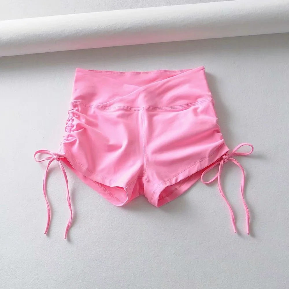 Women's Hot Style Side Drawstring Yoga Shorts Summer New Peach Hip Tight Running Sports Hot Pants