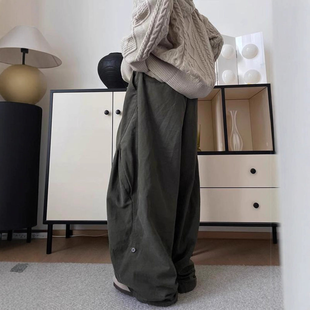 Cotton Loose - Pleated Drape Wide Leg - Elastic Waist - Cargo Long Pants
