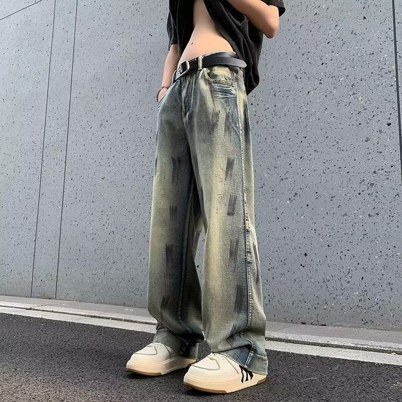 Washed Distressed  - Wide Leg Jeans - Loose  Long Pants