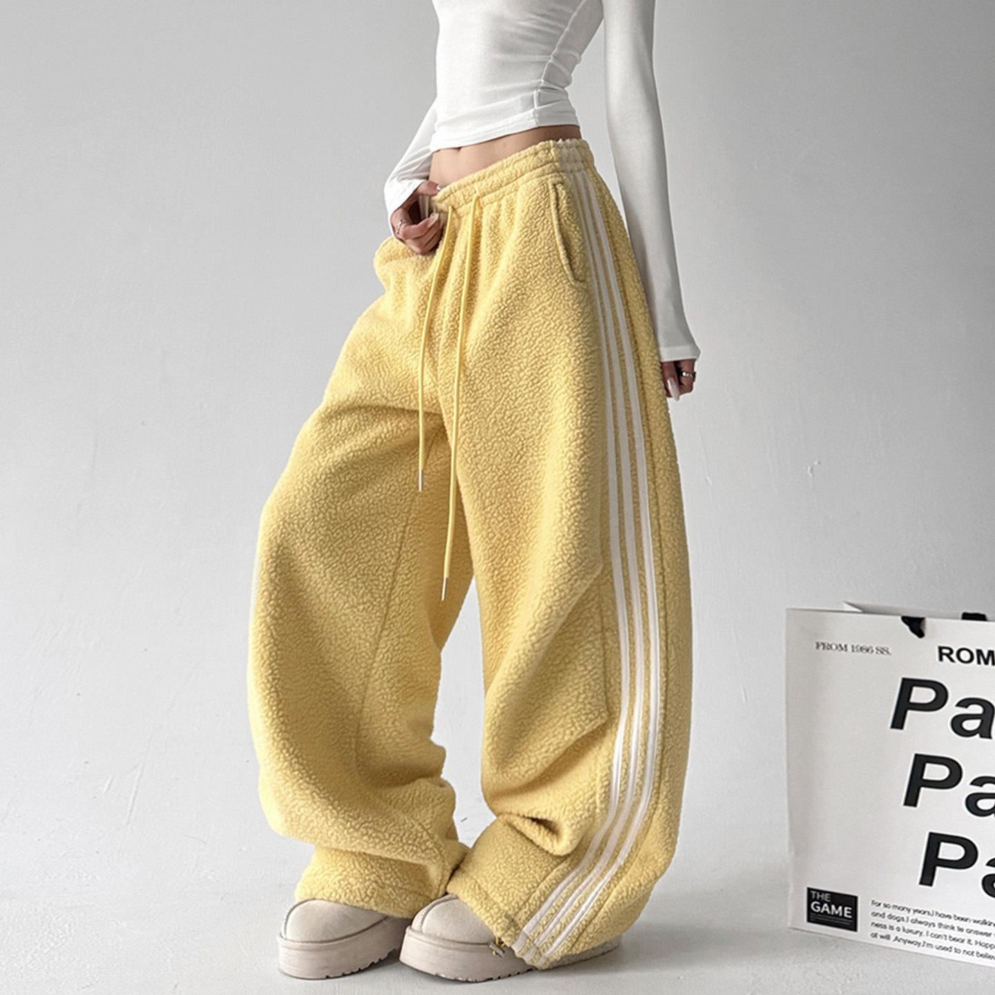 Plush Stripe Casual Pants for Women –  Straight Leg - Wide-Leg Long Pants
