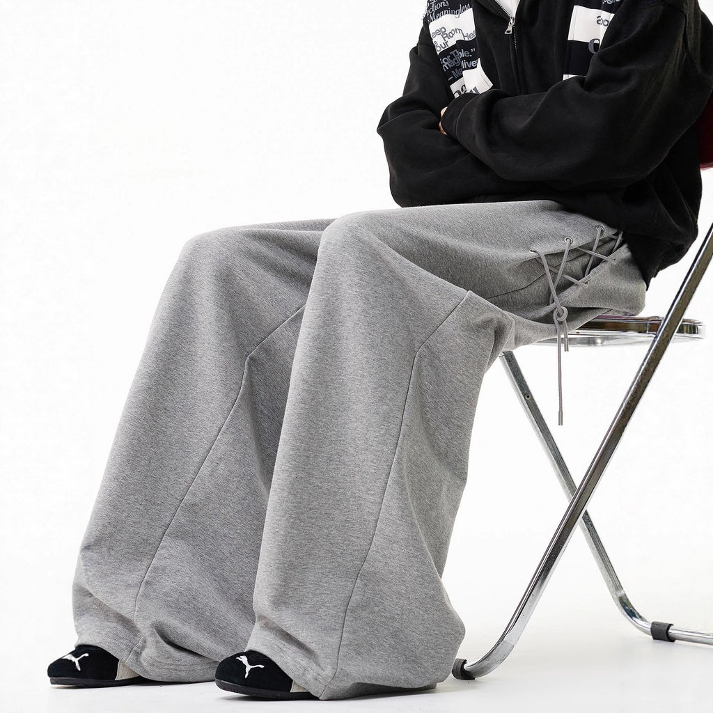 Retro Pleated Tie-Waist Sweatpants – Loose Wide-Leg Casual Fit