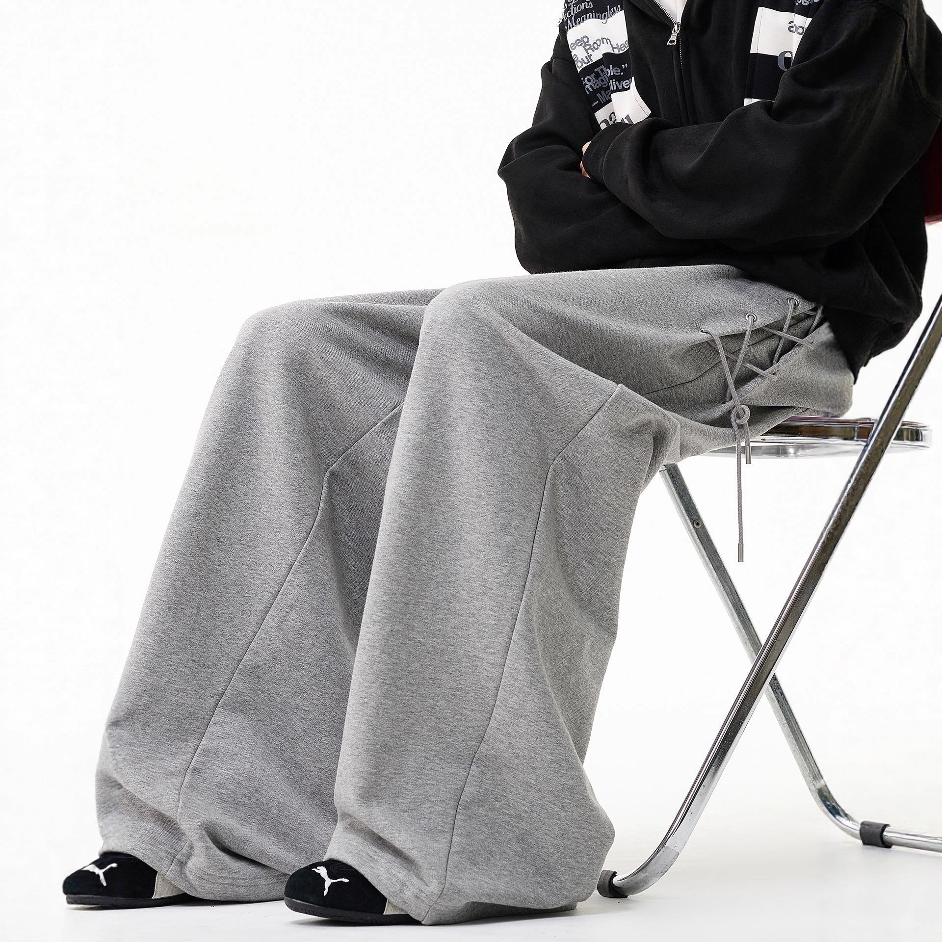 Retro Pleated Tie-Waist Sweatpants – Loose Wide-Leg Casual Fit