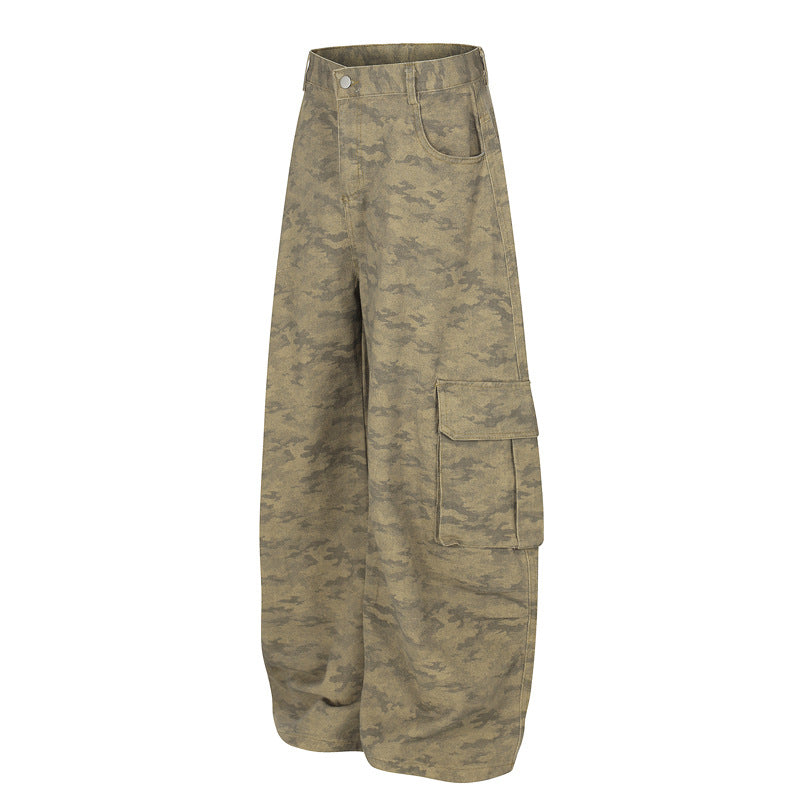 Distressed Camouflage Cargo Pants – Loose Wide-Leg Streetwear