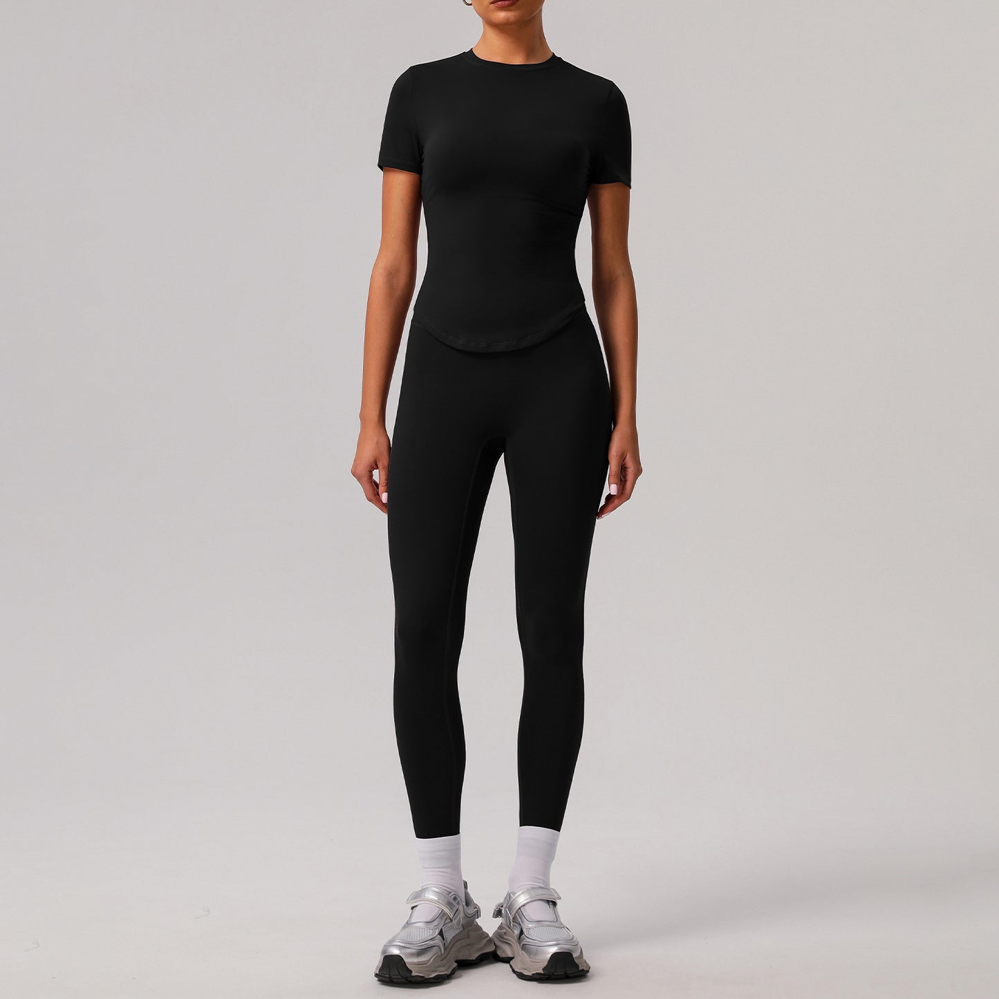 Solid color tight yoga suit quick drying fitness suit outdoor body shaping running suit women's fitness suit ﻿