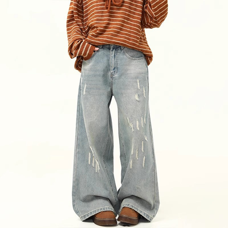 Distressed Ripped Design  - Denim Pants - Loose Wide Leg  - Floor-Length Dad Pants