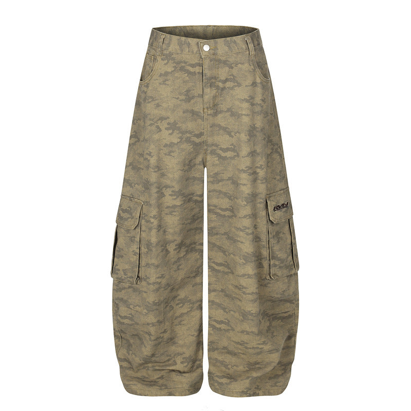 Distressed Camouflage Cargo Pants – Loose Wide-Leg Streetwear