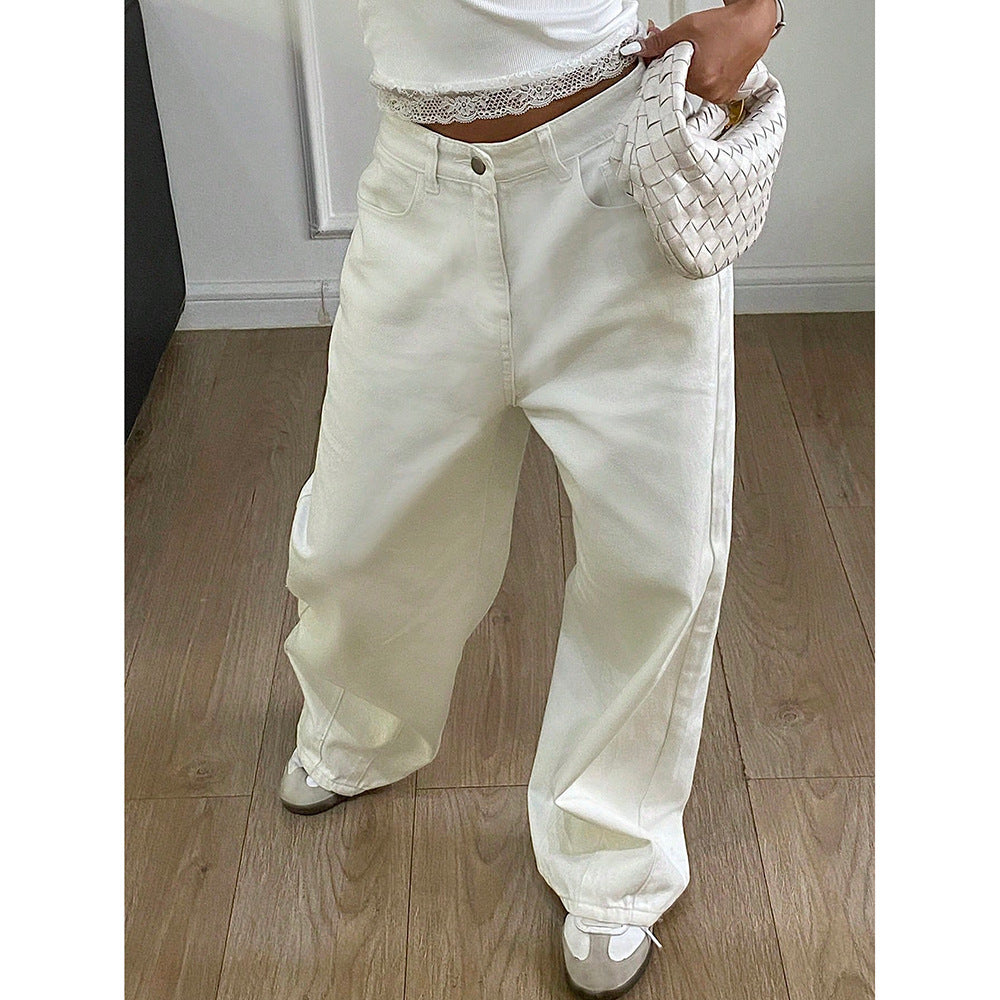 High-End Denim Pants  -  Straight Leg Floor-Length -  Versatile Wide-Leg