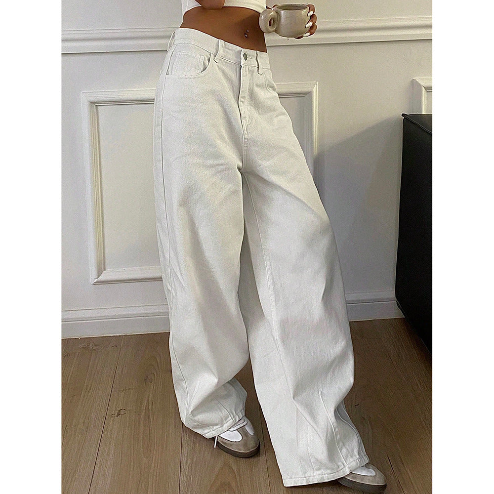 High-End Denim Pants  -  Straight Leg Floor-Length -  Versatile Wide-Leg
