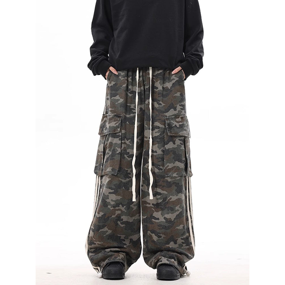 Leg Stripe - Camouflage Cargo Casual Pants - Large Pockets - Loose Wide Leg