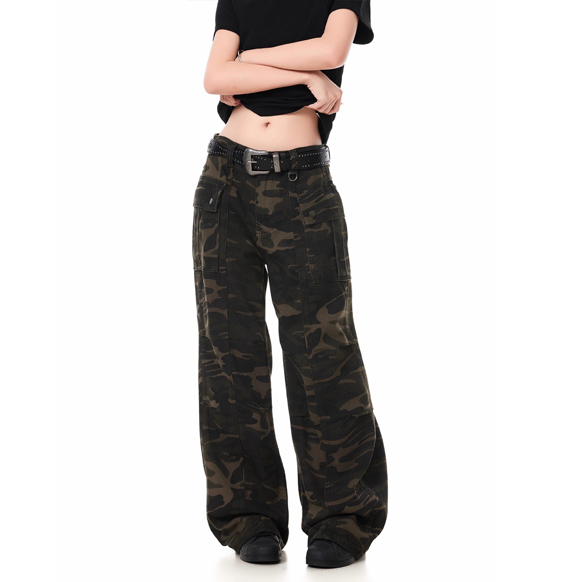 Pleated Camouflage - Cargo Denim Pants - Loose Straight Leg Long Pants