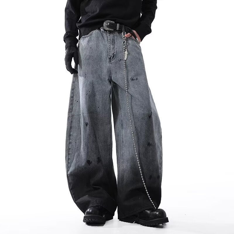 Washed Splatter Gradient -  Knife-Edge Denim Pants - Loose  Wide-Leg -  Floor-Length Jeans
