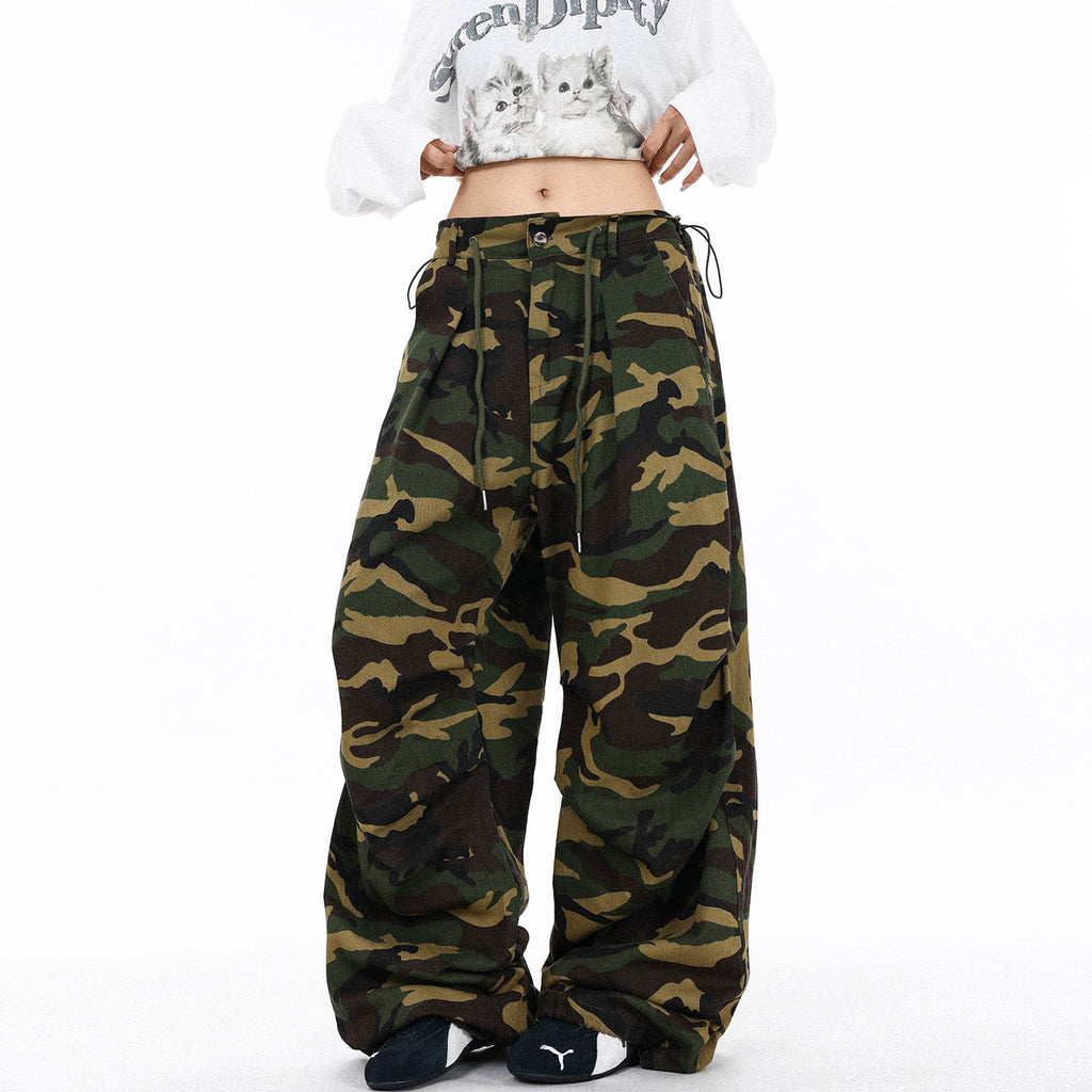 Pleated Drawstring  - Camouflage Cargo Casual Pants  - Loose Wide Leg