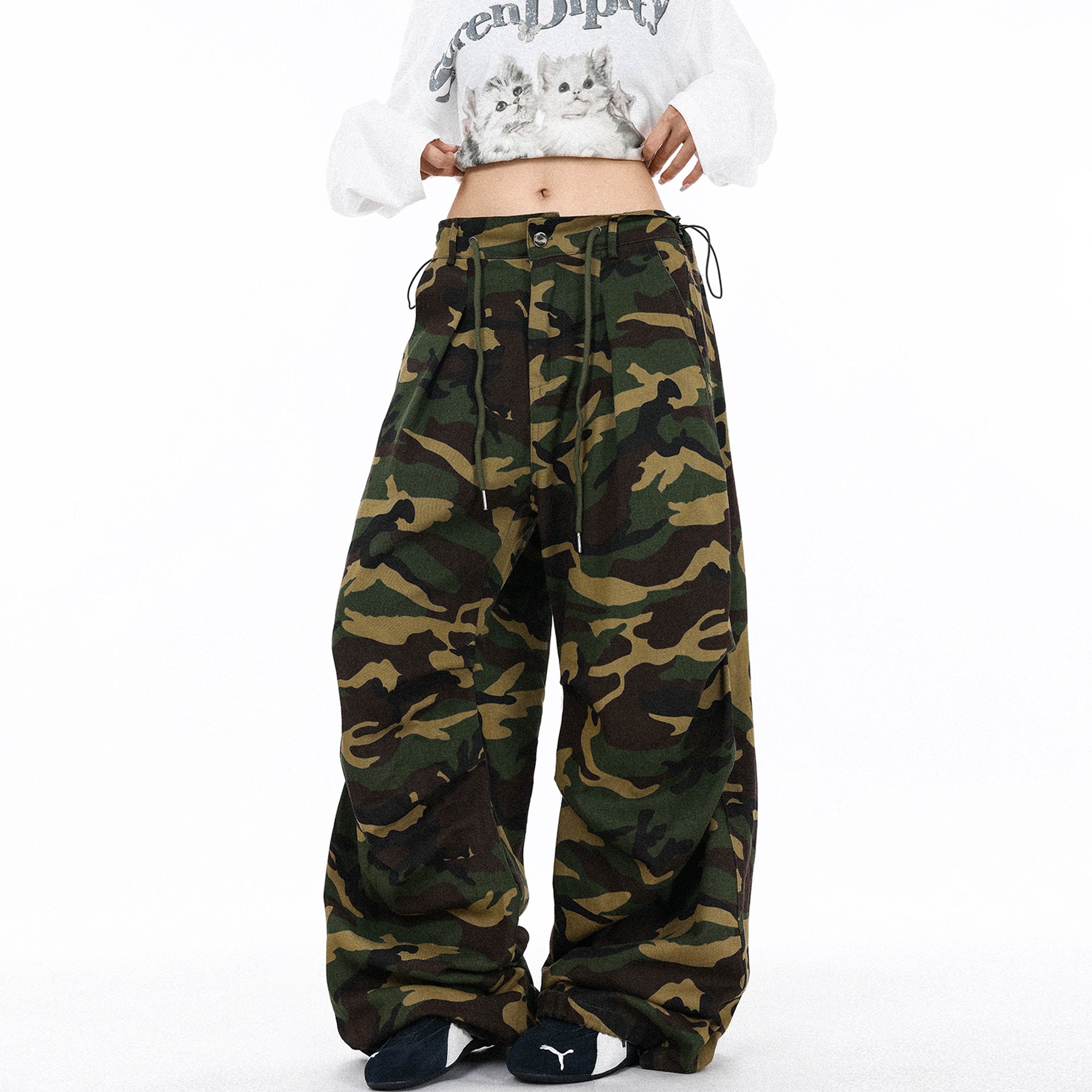 Pleated Drawstring  - Camouflage Cargo Casual Pants  - Loose Wide Leg