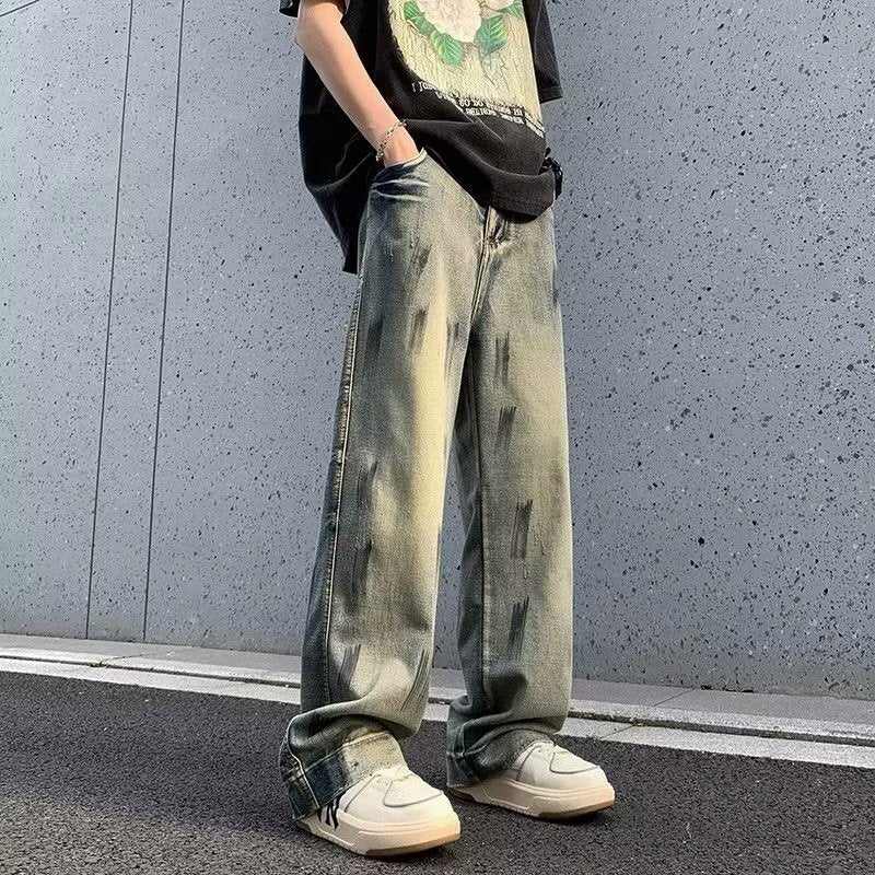 Washed Distressed  - Wide Leg Jeans - Loose  Long Pants