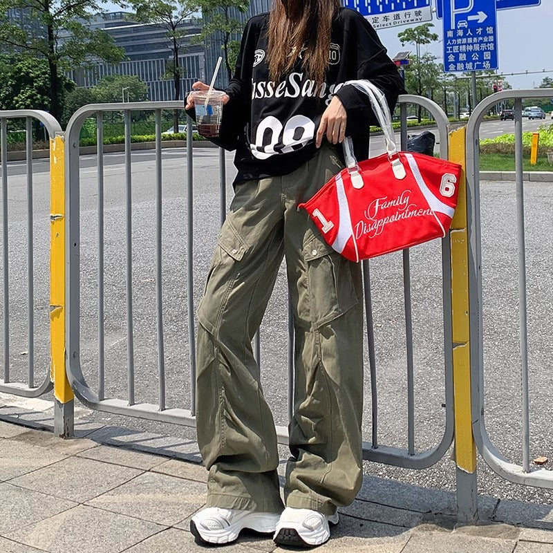 Denim Cargo- High Waist  - Multi-pocket- Wide Leg Long Pants