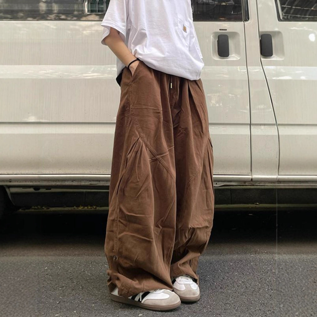 Cotton Loose - Pleated Drape Wide Leg - Elastic Waist - Cargo Long Pants