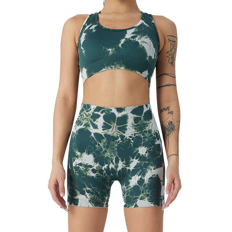 Summer Tie Dye Yoga Suit Set Honey Peach Hip Lifting Fitness Pants Women's Running Sports Tight Shorts