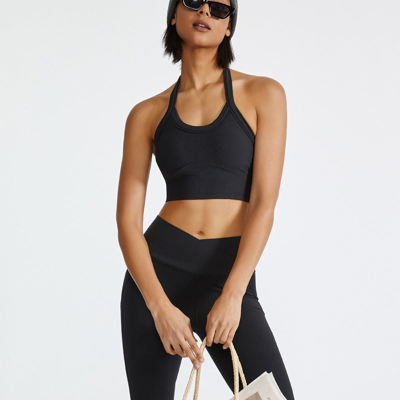 New Fitness Sports Bra Underwear Women Ribbed Hanging Neck Shock Absorbent Yoga Tank Top