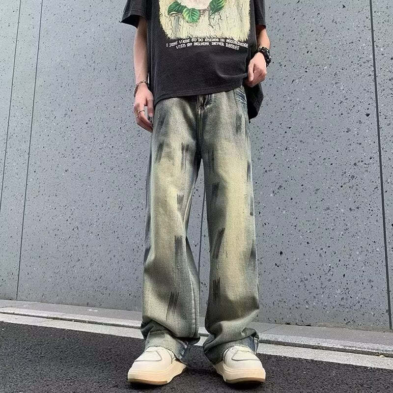 Washed Distressed  - Wide Leg Jeans - Loose  Long Pants