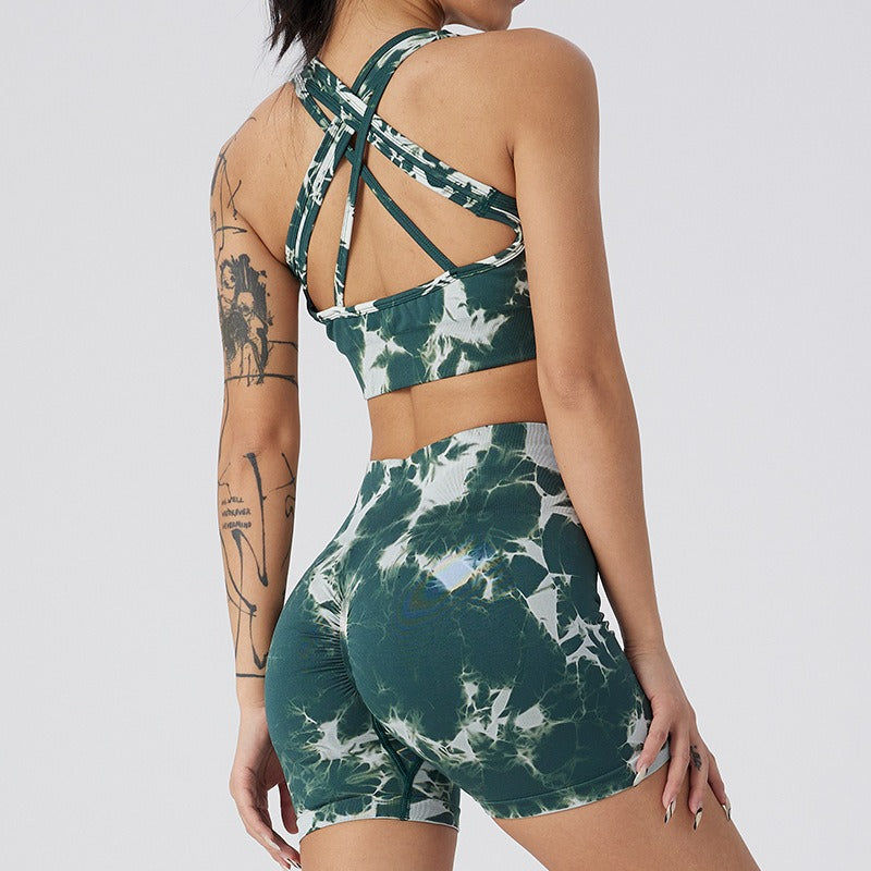 Summer Tie Dye Yoga Suit Set Honey Peach Hip Lifting Fitness Pants Women's Running Sports Tight Shorts