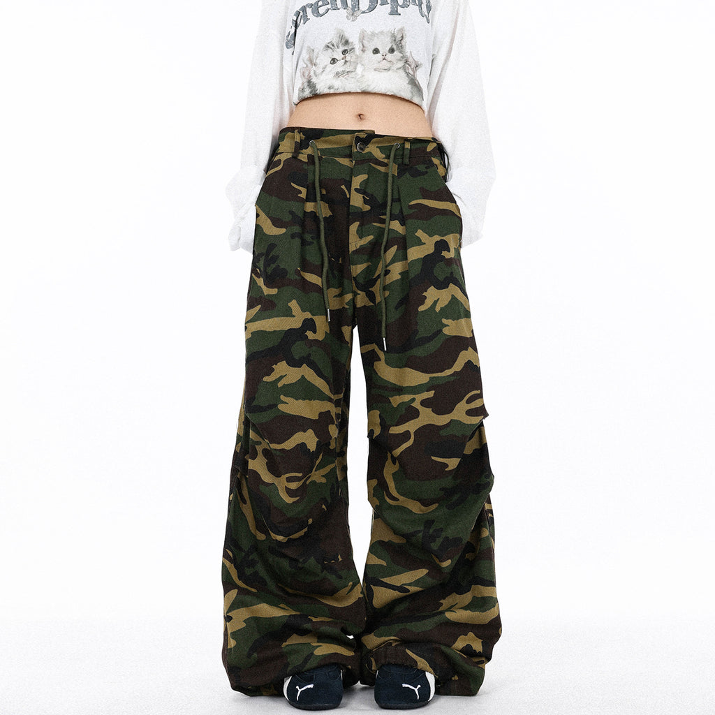 Pleated Drawstring  - Camouflage Cargo Casual Pants  - Loose Wide Leg