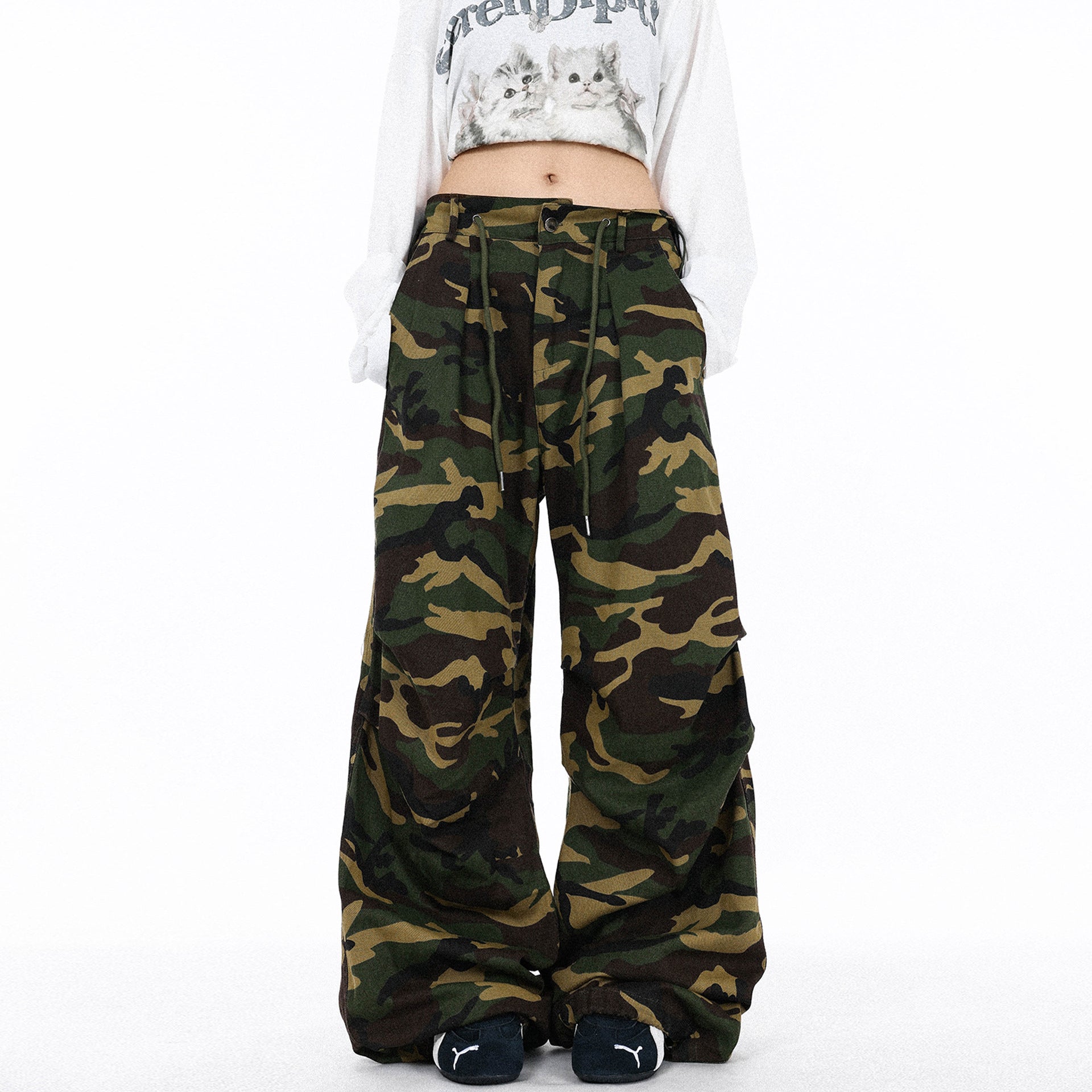 Pleated Drawstring  - Camouflage Cargo Casual Pants  - Loose Wide Leg