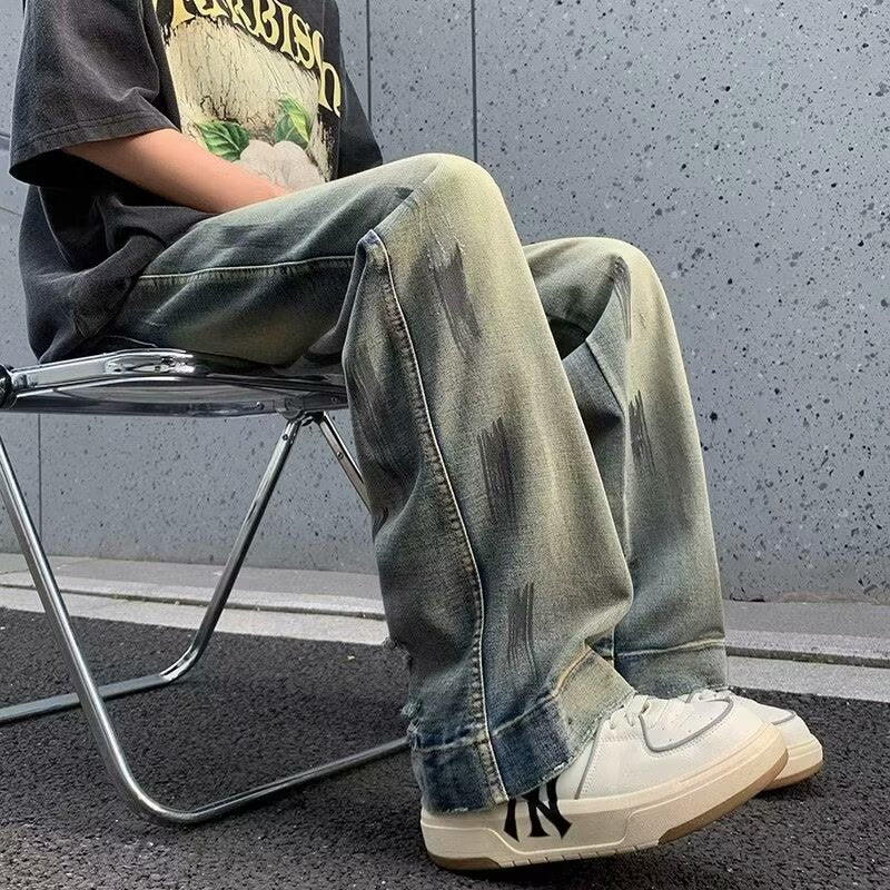 Washed Distressed  - Wide Leg Jeans - Loose  Long Pants