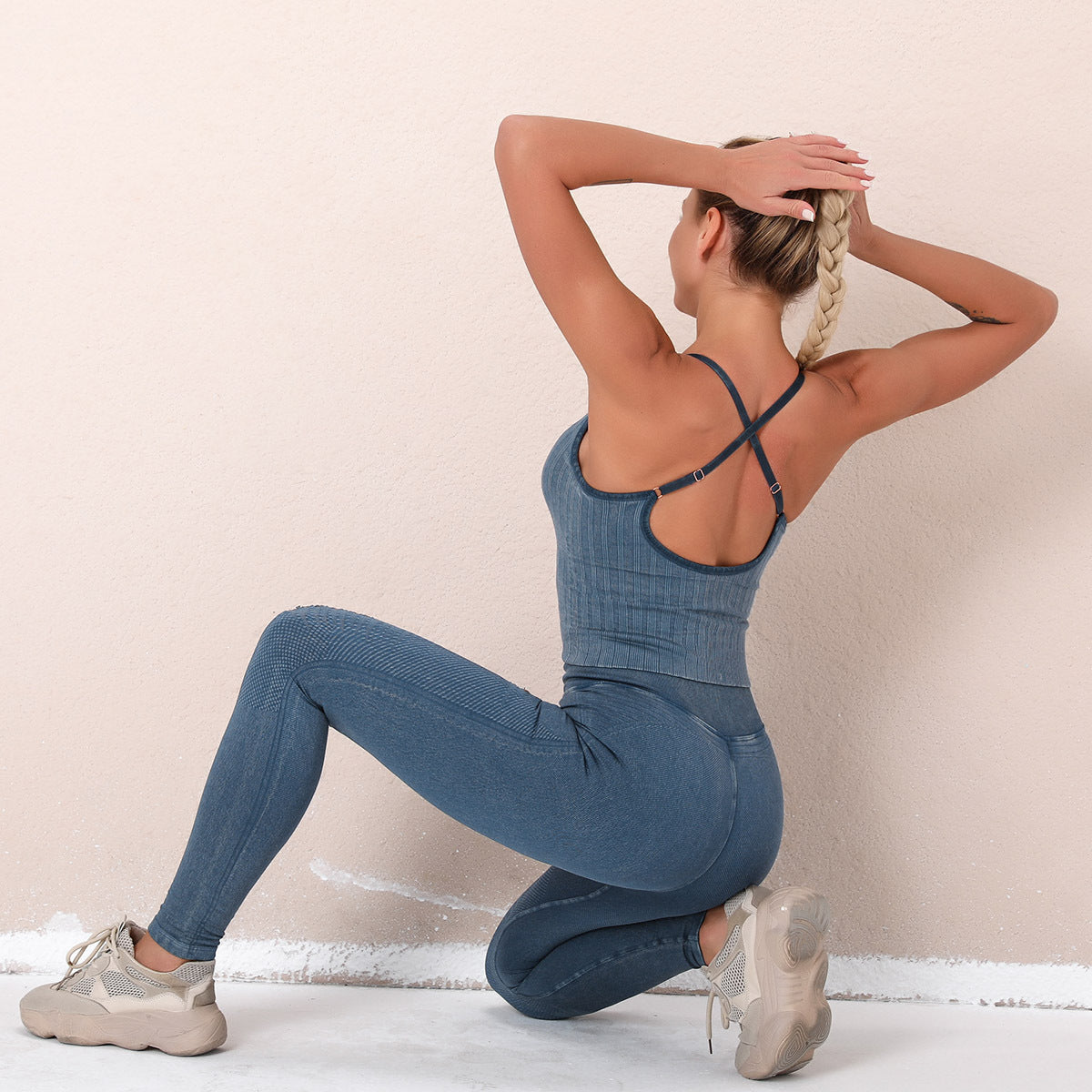2 Piece Set Of Washed Seamless Yoga Clothes Knitted Running Fitness Solid Color Hip Lifting Hole Yoga Pants Women's Suit