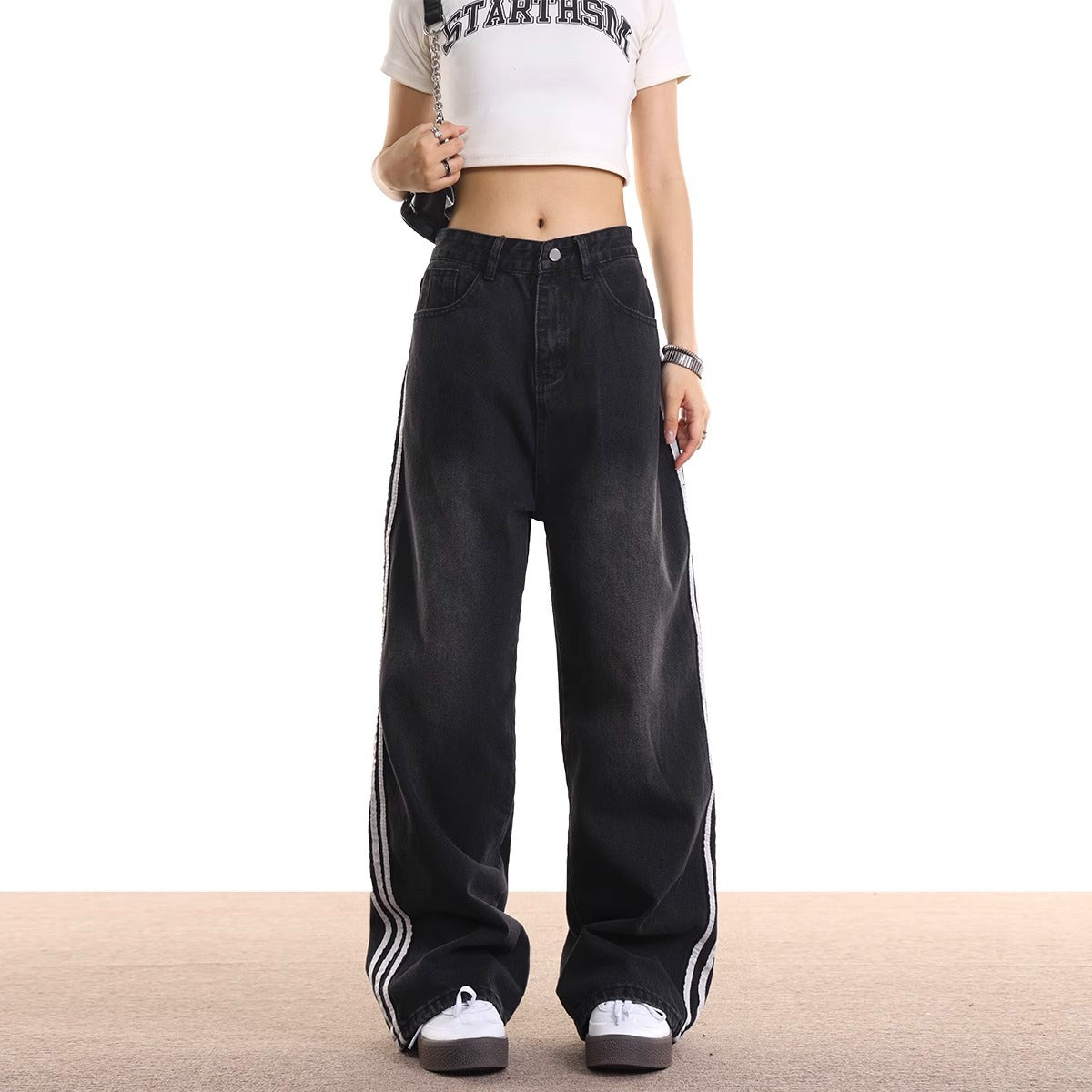 Vintage Stripe -  Denim Jeans - Loose Drape Floor-Length