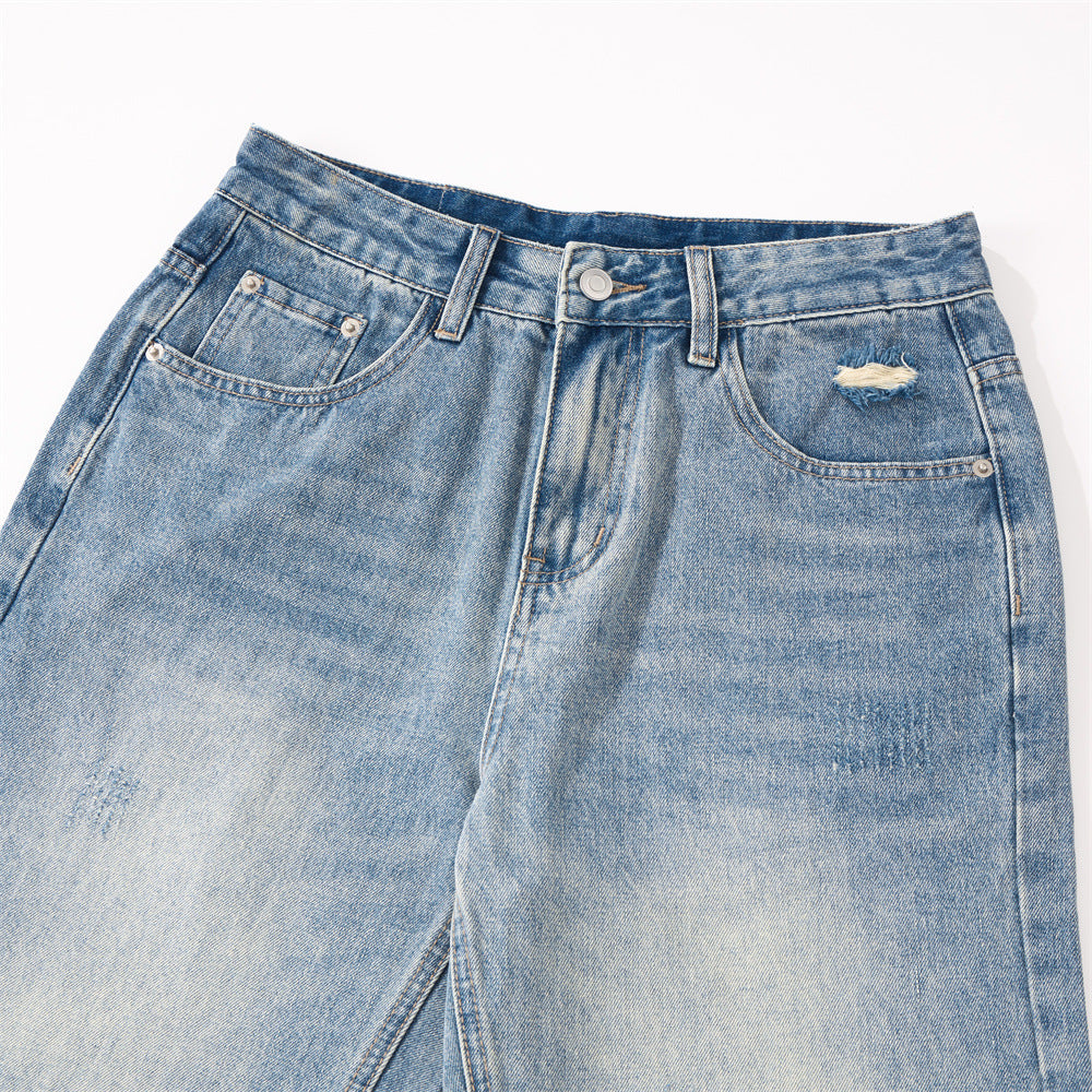Vintage Washed Jeans – Distressed Cat-Whisker Loose Fit