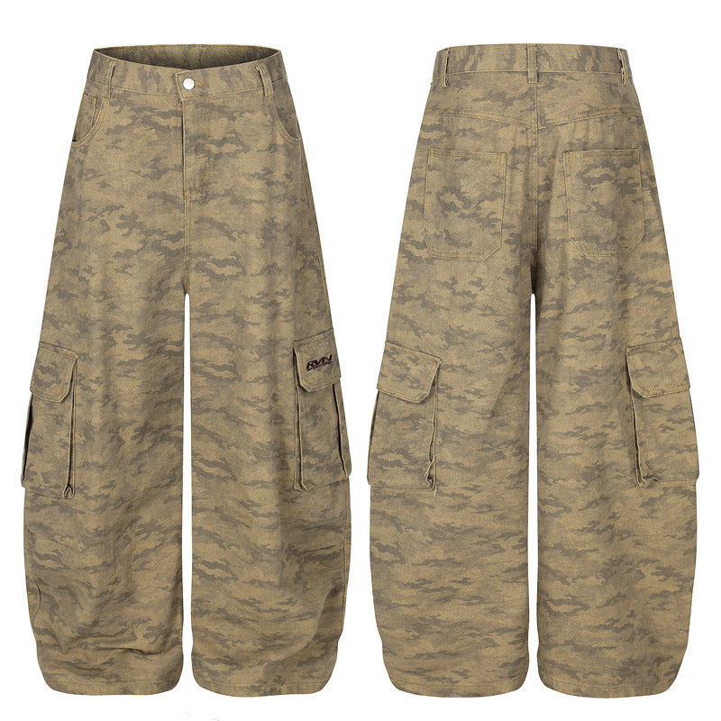 Distressed Camouflage Cargo Pants – Loose Wide-Leg Streetwear
