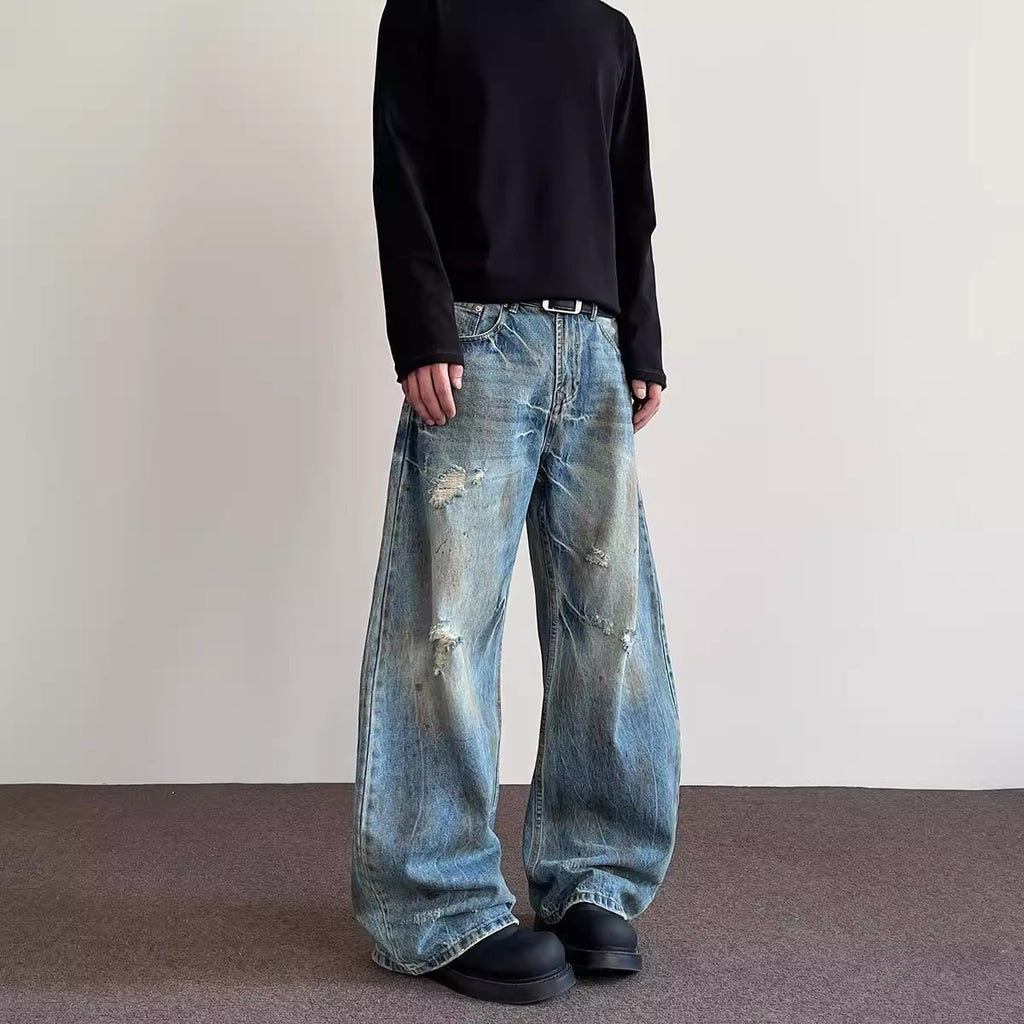 Distressed Ripped Knife-Edge - Denim Pants - Slightly Flared Trousers