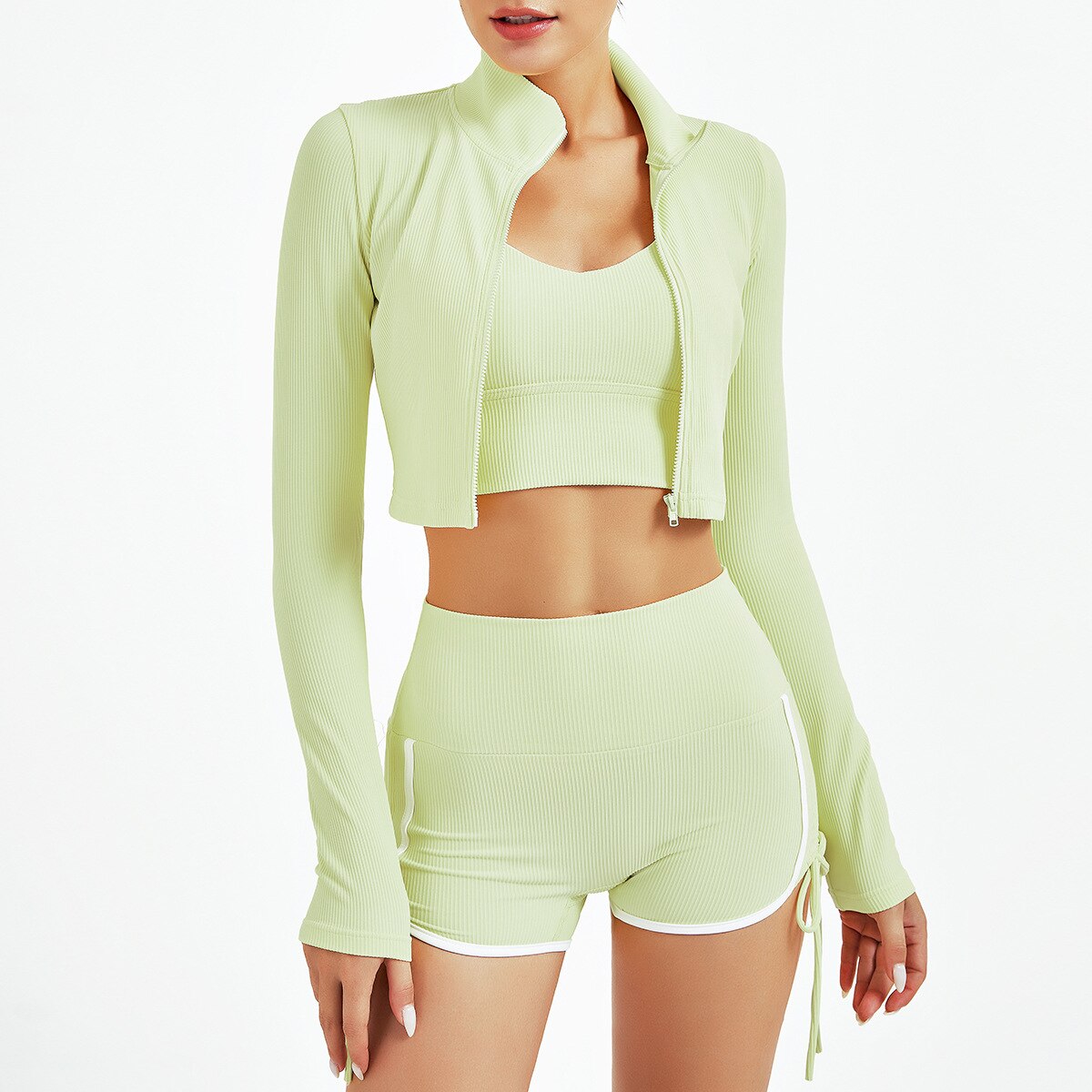 Ribbing Zipper Sexy Seamless Yoga Set Women 2 Piece Fitness Long Sleeve Crop Top Vest High Waist Leggings Gym Workout Set Women