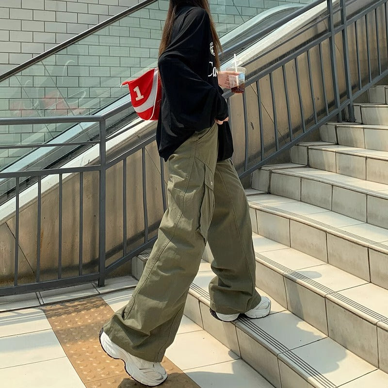 Denim Cargo- High Waist  - Multi-pocket- Wide Leg Long Pants